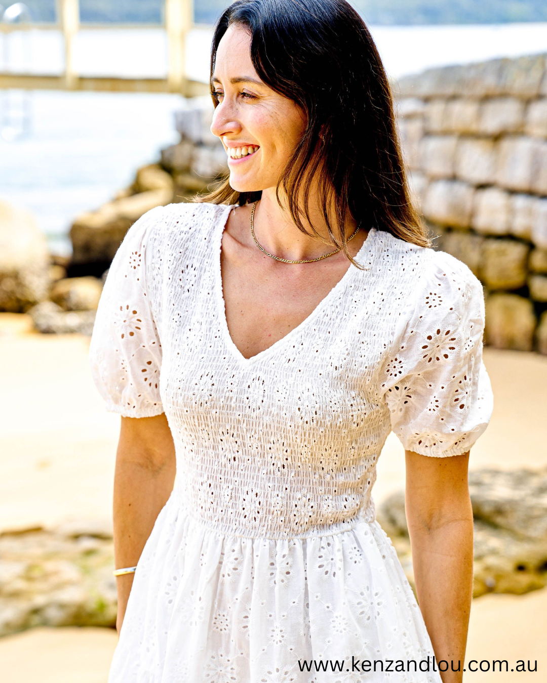 Front Bust view White Boho Mini Dress Brodie Anglaise Cotton Dress Lined White Dress 100% Cotton Bohemian Style Cotton Dress Vintage Brodie Anglaise Mini Dress Chic White Boho Attire Feminine Cotton Dress with Anglaise Detail Stylish Bohemian White Dress Lace-Adorned Cotton Mini Dress Classic White Dress with Boho Flair